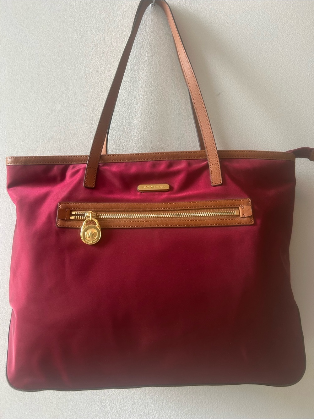 Michael Kors Kempton Nylon Satchel Tote Shoulder Bag Burgundy Brown Trim Gold